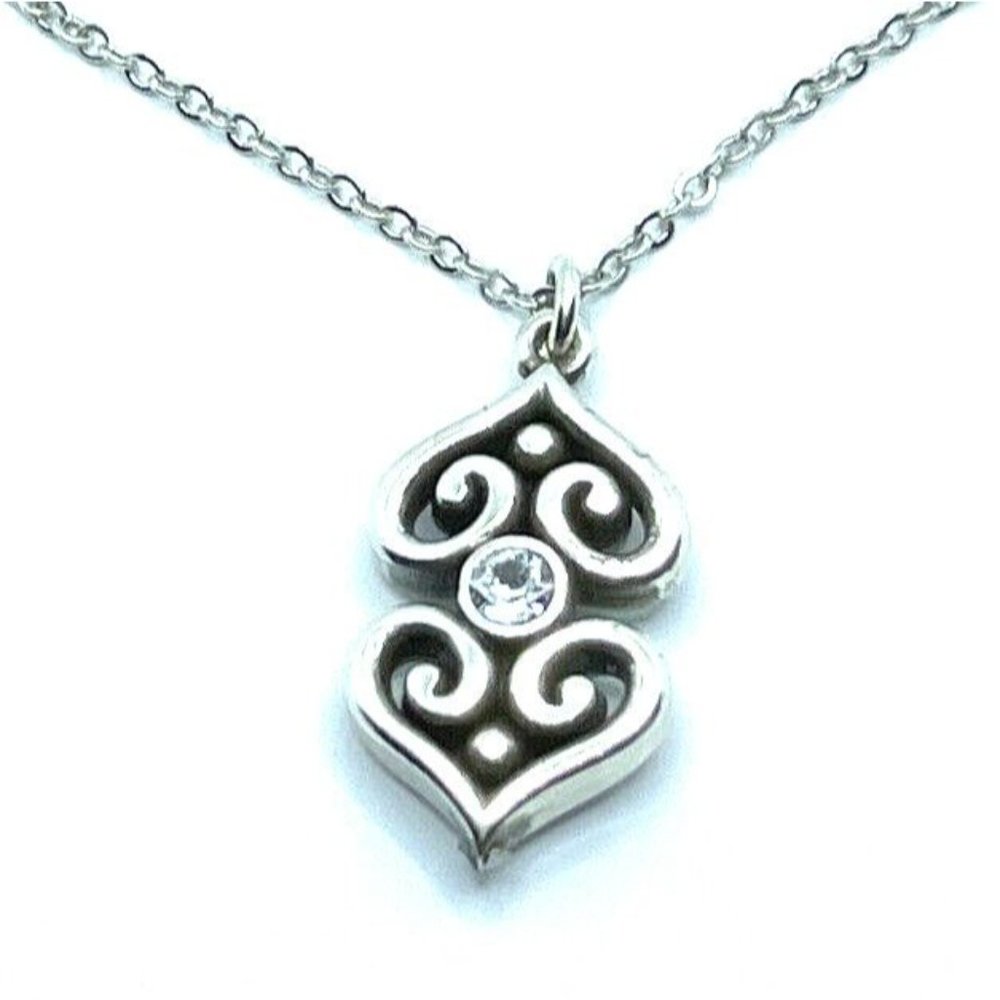 Brighton Alcazar Double Heart Pendant Crystals Toledo Silver Necklace 18" - Picture 2 of 7